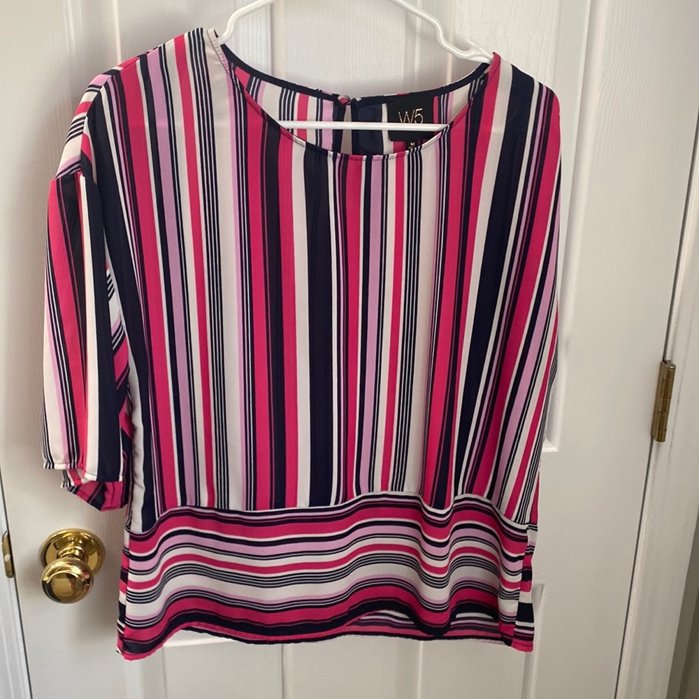 White/pink/navy stripe short sleeve blouse oversized fit